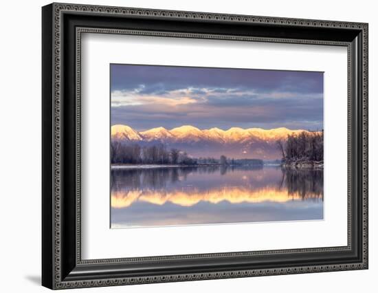 Swan Mountains Reflect into the Flathead River, Sunset, Montana, USA-Chuck Haney-Framed Photographic Print