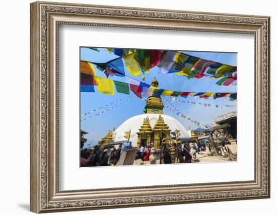 Swayambunath or Monkey Temple, Central Stupa and Buddha eyes, UNESCO World Heritage Site, Kathmandu-G&M Therin-Weise-Framed Photographic Print