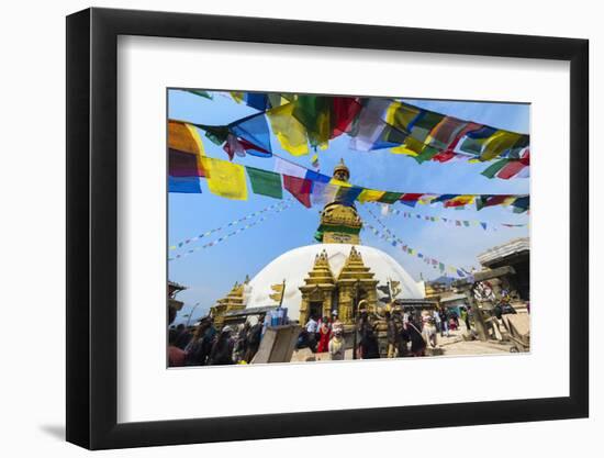 Swayambunath or Monkey Temple, Central Stupa and Buddha eyes, UNESCO World Heritage Site, Kathmandu-G&M Therin-Weise-Framed Photographic Print