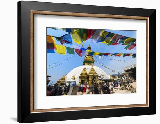 Swayambunath or Monkey Temple, Central Stupa and Buddha eyes, UNESCO World Heritage Site, Kathmandu-G&M Therin-Weise-Framed Photographic Print