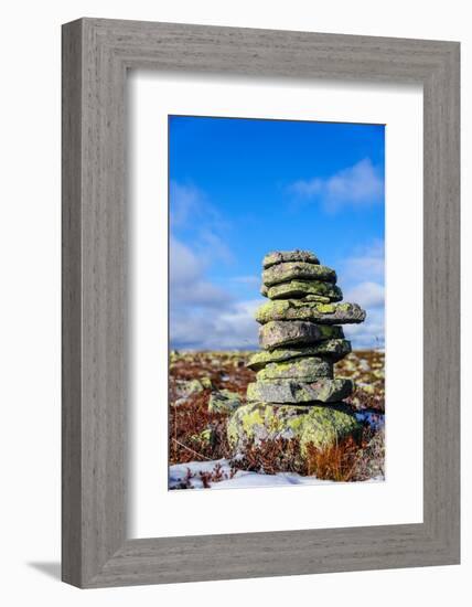 Sweden, Dalarna County, Fulufjallet National Park. Lichen covered rock cairn marking an old trail.-Fredrik Norrsell-Framed Photographic Print