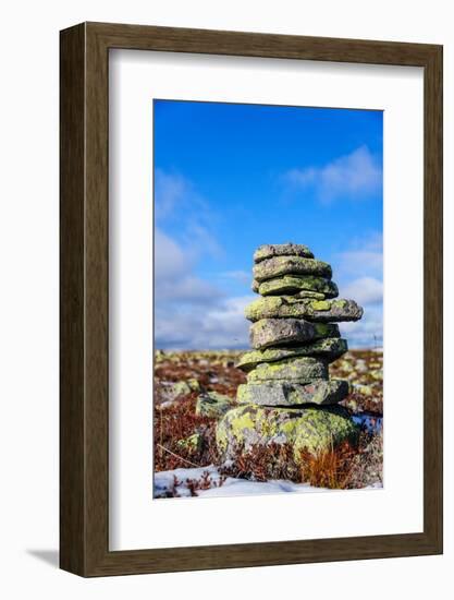 Sweden, Dalarna County, Fulufjallet National Park. Lichen covered rock cairn marking an old trail.-Fredrik Norrsell-Framed Photographic Print