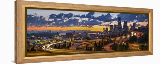 Sweeping Sunset View from Century Link Field to Downtown over Twisting I-5, from Jose Rizal Bridge-Gary Luhm-Framed Premier Image Canvas