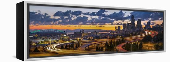 Sweeping Sunset View from Century Link Field to Downtown over Twisting I-5, from Jose Rizal Bridge-Gary Luhm-Framed Premier Image Canvas