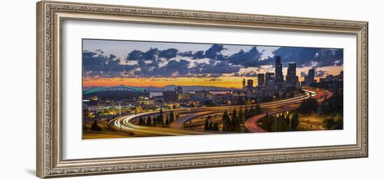 Sweeping Sunset View from Century Link Field to Downtown over Twisting I-5, from Jose Rizal Bridge-Gary Luhm-Framed Photographic Print