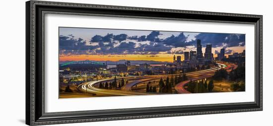 Sweeping Sunset View from Century Link Field to Downtown over Twisting I-5, from Jose Rizal Bridge-Gary Luhm-Framed Photographic Print