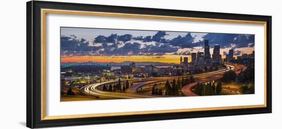 Sweeping Sunset View from Century Link Field to Downtown over Twisting I-5, from Jose Rizal Bridge-Gary Luhm-Framed Photographic Print