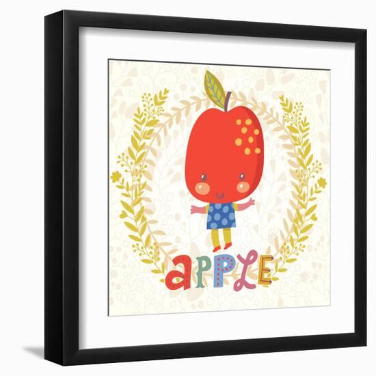Sweet Apple in Funny Cartoon Style. Healthy Concept Card in Vector. Stunning Tasty Background in Br-smilewithjul-Framed Art Print