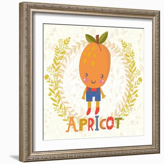 Sweet Apricot in Funny Cartoon Style. Healthy Concept Card in Vector. Stunning Tasty Background in-smilewithjul-Framed Art Print