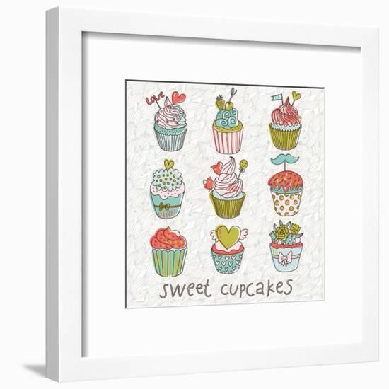 Sweet Cupcakes in Vintage Vector Set. Cartoon Tasty Cupcakes in Bright Colors-smilewithjul-Framed Art Print