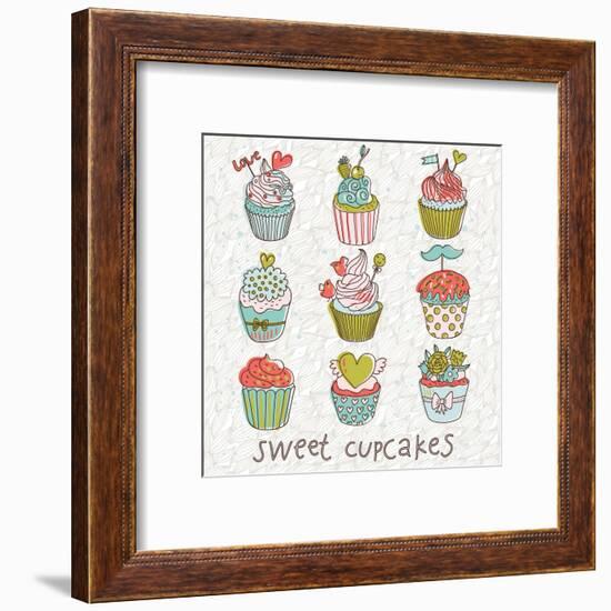 Sweet Cupcakes in Vintage Vector Set. Cartoon Tasty Cupcakes in Bright Colors-smilewithjul-Framed Art Print