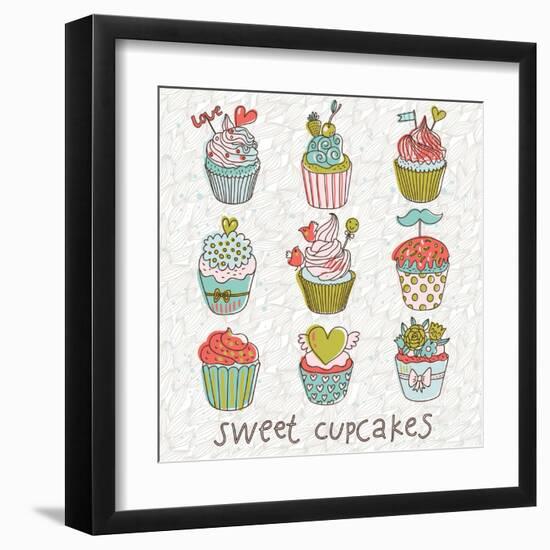 Sweet Cupcakes in Vintage Vector Set. Cartoon Tasty Cupcakes in Bright Colors-smilewithjul-Framed Art Print