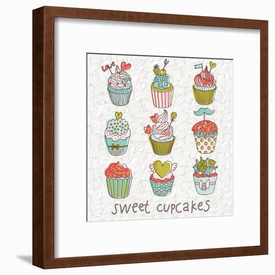 Sweet Cupcakes in Vintage Vector Set. Cartoon Tasty Cupcakes in Bright Colors-smilewithjul-Framed Art Print