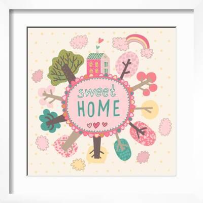 Sweet Home. Concept Card with Trees, Earth, Houses and Clouds. Bright Cartoon Wallpaper in Vector' Art Print - smilewithjul Sweet Home. Concept Card with Trees, Earth, Houses and Clouds. Bright Cartoon Wallpaper in Vector' Art Print - smilewithjul