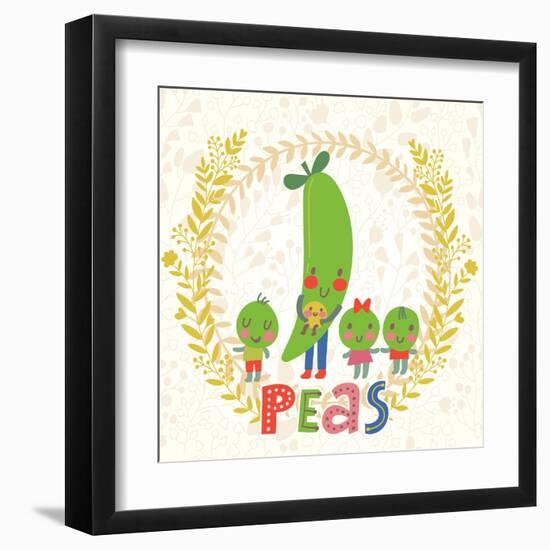 Sweet Peas in Cute Cartoon Style. Healthy Concept Card in Vector. Stunning Tasty Background in Brig-smilewithjul-Framed Art Print