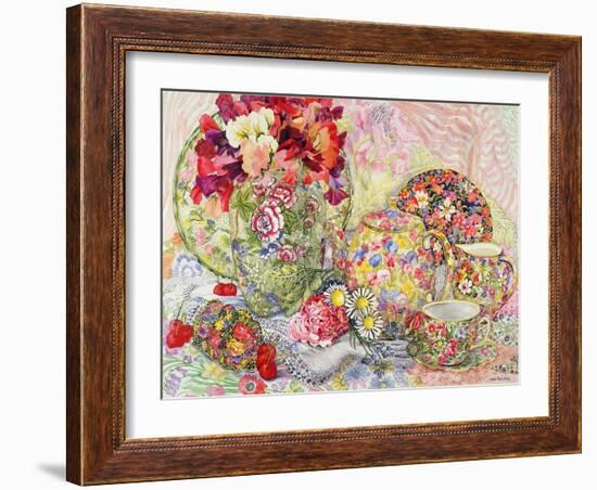 Sweet Peas with Flowered Antique China and Cherries-Joan Thewsey-Framed Giclee Print