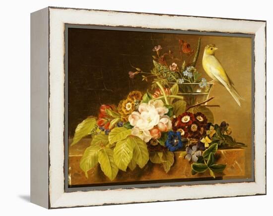 Sweet William, Forget Me Not, Convulvus and a Canary on a Ledge-Johan Laurentz Jensen-Framed Premier Image Canvas