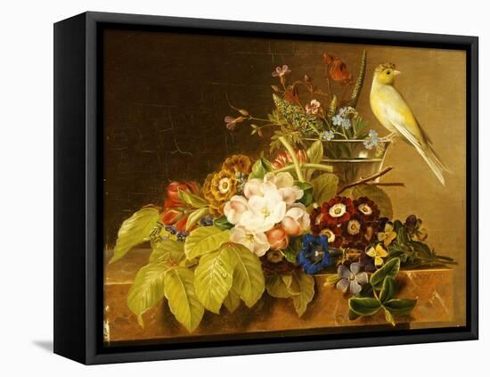 Sweet William, Forget Me Not, Convulvus and a Canary on a Ledge-Johan Laurentz Jensen-Framed Premier Image Canvas