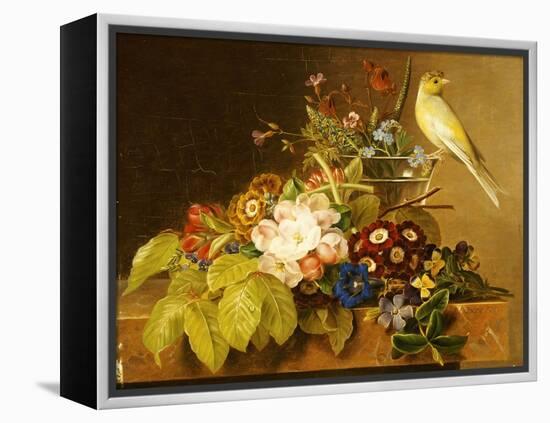 Sweet William, Forget Me Not, Convulvus and a Canary on a Ledge-Johan Laurentz Jensen-Framed Premier Image Canvas