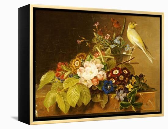 Sweet William, Forget Me Not, Convulvus and a Canary on a Ledge-Johan Laurentz Jensen-Framed Premier Image Canvas