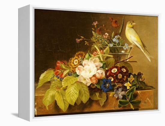 Sweet William, Forget Me Not, Convulvus and a Canary on a Ledge-Johan Laurentz Jensen-Framed Premier Image Canvas