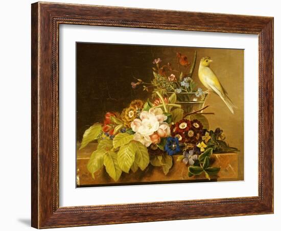 Sweet William, Forget Me Not, Convulvus and a Canary on a Ledge-Johan Laurentz Jensen-Framed Giclee Print