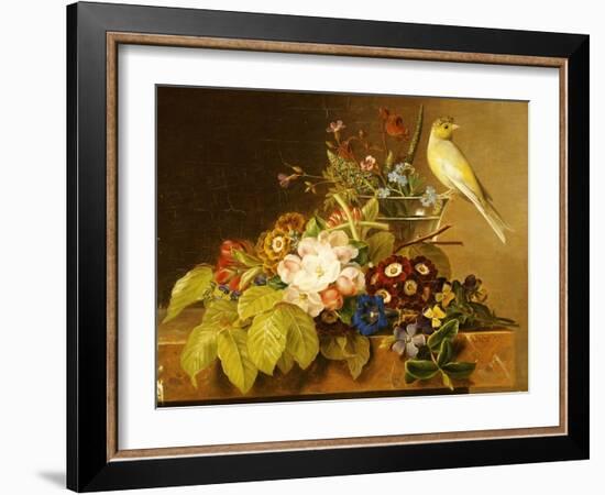 Sweet William, Forget Me Not, Convulvus and a Canary on a Ledge-Johan Laurentz Jensen-Framed Giclee Print