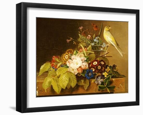 Sweet William, Forget Me Not, Convulvus and a Canary on a Ledge-Johan Laurentz Jensen-Framed Giclee Print