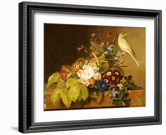 Sweet William, Forget Me Not, Convulvus and a Canary on a Ledge-Johan Laurentz Jensen-Framed Giclee Print