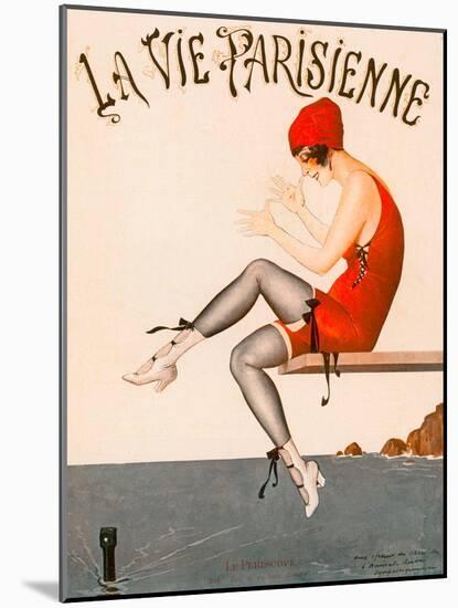 Swimmer on Diving Board, Illustration from La Vie Parisienne , 1920 (Colour Litho).-Georges Leonnec-Mounted Giclee Print