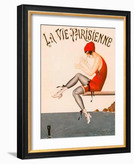 Swimmer on Diving Board, Illustration from La Vie Parisienne , 1920 (Colour Litho).-Georges Leonnec-Framed Giclee Print