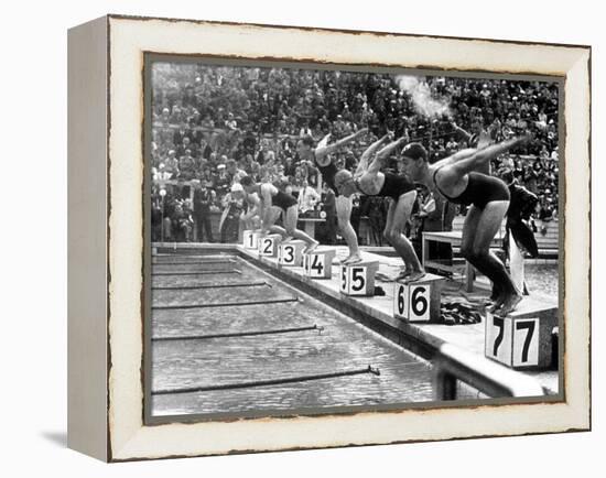 Swimming Competition at Berlin Olympic Games in 1936 : Here Swimmers Diving in Swimmming Pool-null-Framed Stretched Canvas