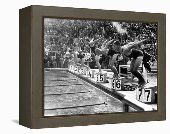 Swimming Competition at Berlin Olympic Games in 1936 : Here Swimmers Diving in Swimmming Pool-null-Framed Stretched Canvas