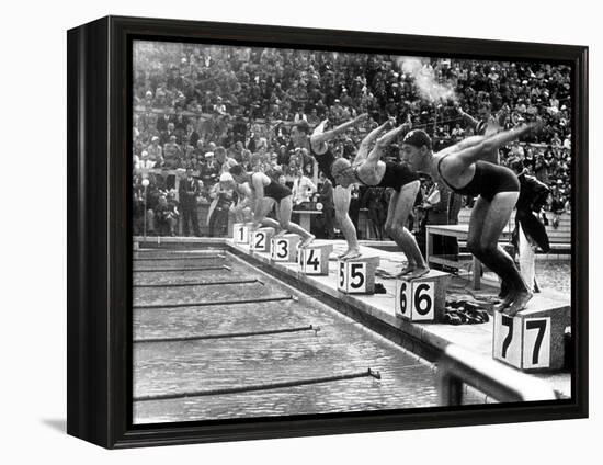 Swimming Competition at Berlin Olympic Games in 1936 : Here Swimmers Diving in Swimmming Pool-null-Framed Stretched Canvas