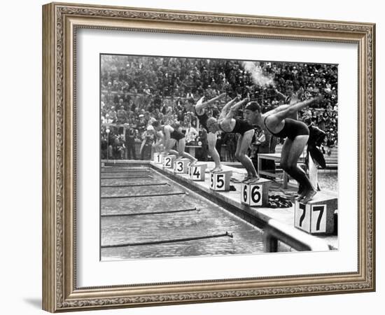 Swimming Competition at Berlin Olympic Games in 1936 : Here Swimmers Diving in Swimmming Pool-null-Framed Photo