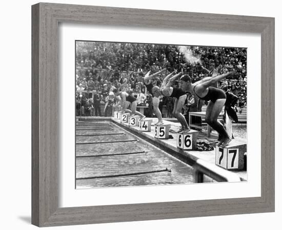 Swimming Competition at Berlin Olympic Games in 1936 : Here Swimmers Diving in Swimmming Pool-null-Framed Photo