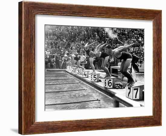 Swimming Competition at Berlin Olympic Games in 1936 : Here Swimmers Diving in Swimmming Pool-null-Framed Photo