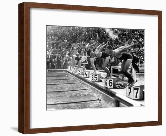 Swimming Competition at Berlin Olympic Games in 1936 : Here Swimmers Diving in Swimmming Pool-null-Framed Photo