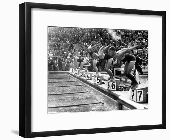 Swimming Competition at Berlin Olympic Games in 1936 : Here Swimmers Diving in Swimmming Pool-null-Framed Photo