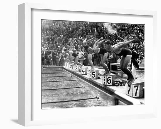 Swimming Competition at Berlin Olympic Games in 1936 : Here Swimmers Diving in Swimmming Pool-null-Framed Photo