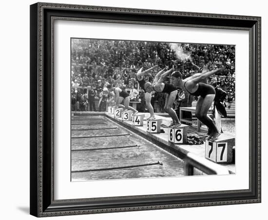 Swimming Competition at Berlin Olympic Games in 1936 : Here Swimmers Diving in Swimmming Pool-null-Framed Photo