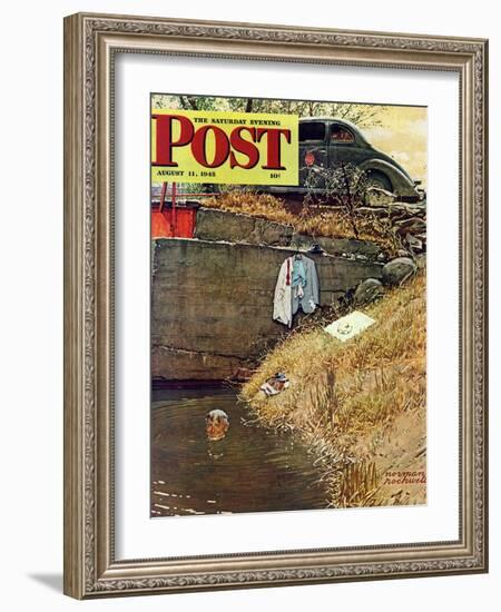 "Swimming Hole" Saturday Evening Post Cover, August 11,1945-Norman Rockwell-Framed Giclee Print