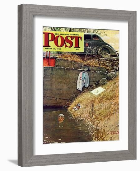 "Swimming Hole" Saturday Evening Post Cover, August 11,1945-Norman Rockwell-Framed Giclee Print