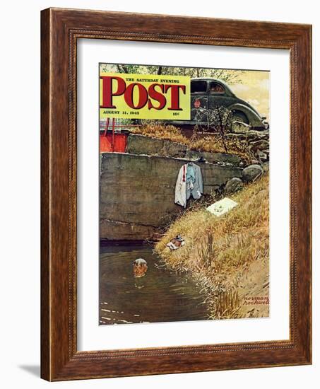 "Swimming Hole" Saturday Evening Post Cover, August 11,1945-Norman Rockwell-Framed Giclee Print