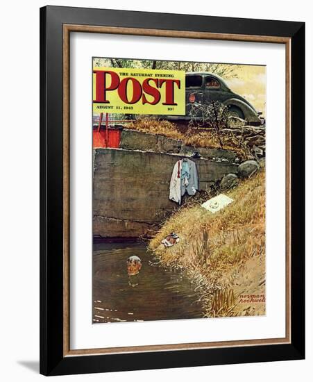 "Swimming Hole" Saturday Evening Post Cover, August 11,1945-Norman Rockwell-Framed Giclee Print