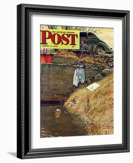 "Swimming Hole" Saturday Evening Post Cover, August 11,1945-Norman Rockwell-Framed Giclee Print