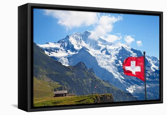 Swiss Flag on the Top of Mannlichen (Jungfrau Region, Bern, Switzerland)-swisshippo-Framed Premier Image Canvas