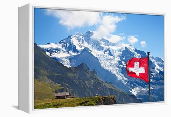 Swiss Flag on the Top of Mannlichen (Jungfrau Region, Bern, Switzerland)-swisshippo-Framed Premier Image Canvas