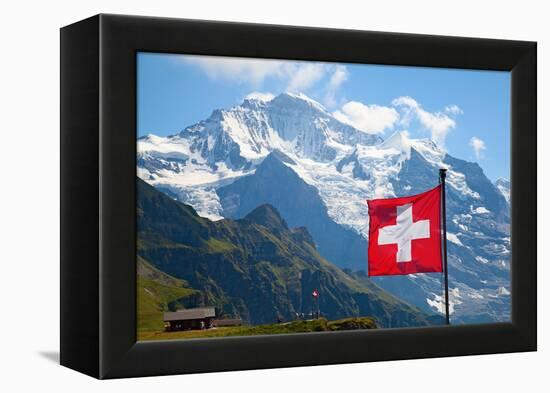 Swiss Flag on the Top of Mannlichen (Jungfrau Region, Bern, Switzerland)-swisshippo-Framed Premier Image Canvas