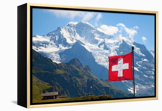 Swiss Flag on the Top of Mannlichen (Jungfrau Region, Bern, Switzerland)-swisshippo-Framed Premier Image Canvas